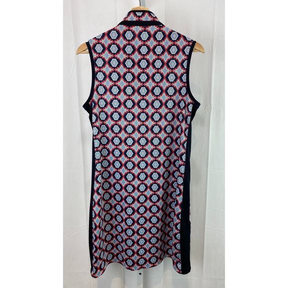 DAILY SPORTS  Size M Sleeveless Zip Neck Dress Geometric Print Red Blue Pink - Picture 2 of 7